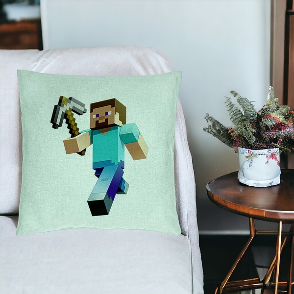 Perna Decorativa, Model Minecraft Mining Steve, 40x40 cm, Verde Menta, Husa Detasabila, Burduf 19 bsC0170 PhotoRoom 3