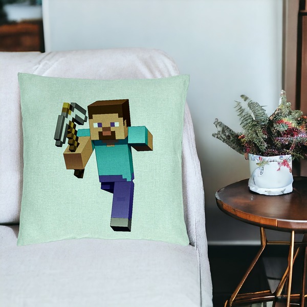 Perna Decorativa, Model Minecraft Mining Steve 8bit, 40x40 cm, Verde Menta, Husa Detasabila, Burduf 19 bsC0172 PhotoRoom 3