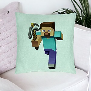 Alternative view of Perna Decorativa, Model Minecraft Mining Steve 8bit, 40x40 cm, Verde Menta, Husa Detasabila, Burduf