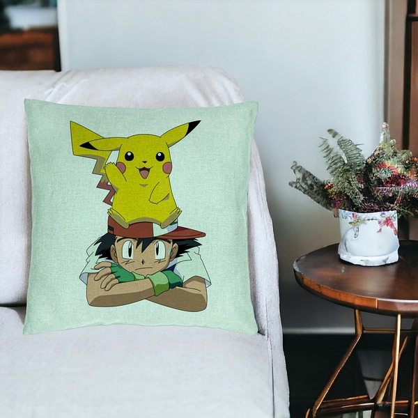Perna Decorativa, Model copii Pikachu Pokemon, 40x40 cm, Verde Menta, Husa Detasabila, Burduf 19 bsC0201 PhotoRoom 3