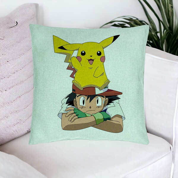 Perna Decorativa, Model copii Pikachu Pokemon, 40x40 cm, Verde Menta, Husa Detasabila, Burduf 16 bsC0201 PhotoRoom