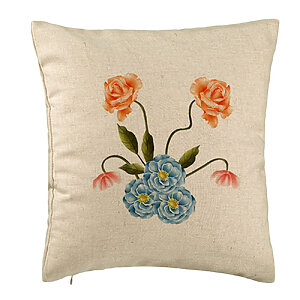 Perna Decorativa, Model Florale Roz si Alastru, 40x40 cm, Bej, Husa Detasabila, Burduf