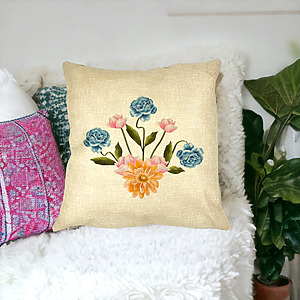 Alternative view of Perna Decorativa Patrata Florale Roz Gold si Albastru, 40x40 cm, Husa Detasabila, Burduf