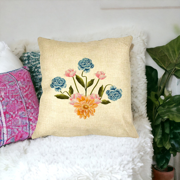 Perna Decorativa Patrata Florale Roz Gold si Albastru, 40x40 cm, Husa Detasabila, Burduf 24 bsc0028 PhotoRoom