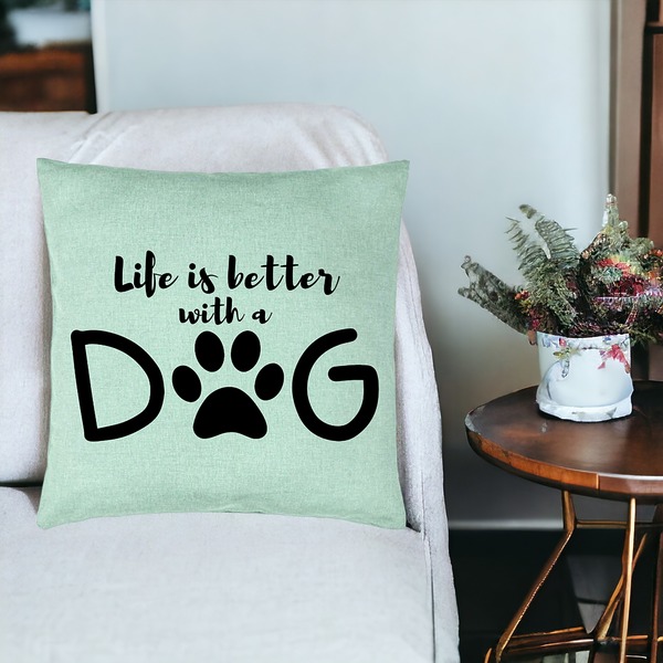 Perna Decorativa, Model Life is better with a Dog, 40x40 cm, Verde Menta, Husa Detasabila, Burduf 19 bsc0054 PhotoRoom 3