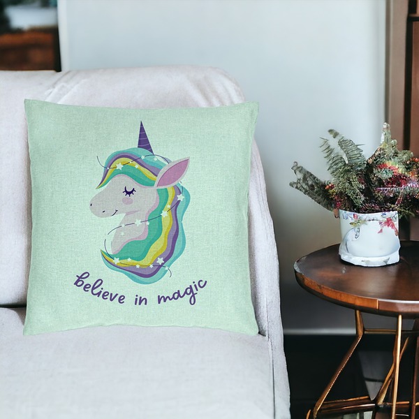 Perna Decorativa, Model Unicorns Believe in Magic, 40x40 cm, Verde Menta, Husa Detasabila, Burduf 19 bsc0056 PhotoRoom 3