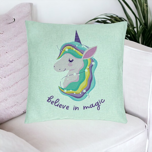 Perna Decorativa, Model Unicorns Believe in Magic, 40x40 cm, Verde Menta, Husa Detasabila, Burduf 16 bsc0056 PhotoRoom