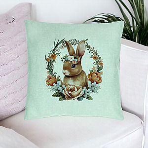 Alternative view of Perna Decorativa, Model Iepuras cu Coronita Florala, 40x40 cm, Verde Menta, Husa Detasabila, Burduf