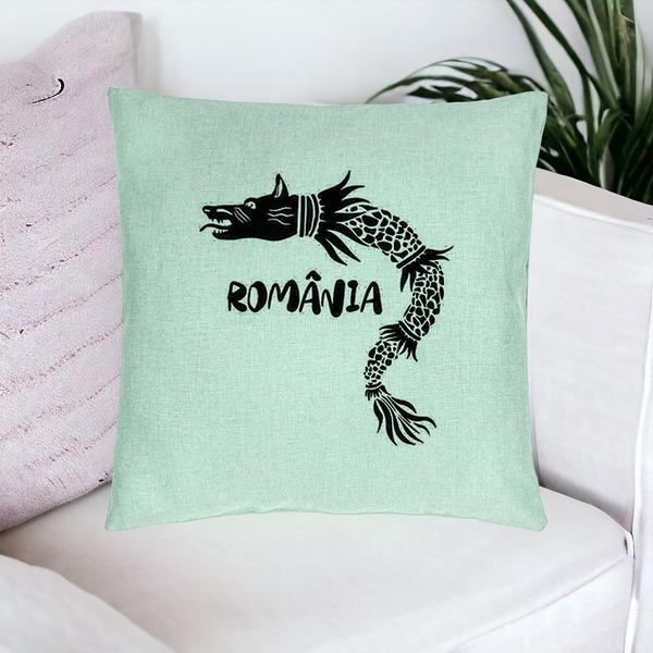 Perna Decorativa, Model Lup Dacic Romania, 40x40 cm, Verde Menta, Husa Detasabila, Burduf 16 bsc0226 PhotoRoom