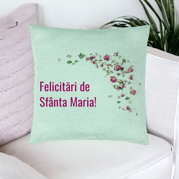 Perna Decorativa, Model Felicitari de Sfanta Maria, 40x40 cm, Verde Menta, Husa Detasabila, Burduf 20 bsc0304 PhotoRoom