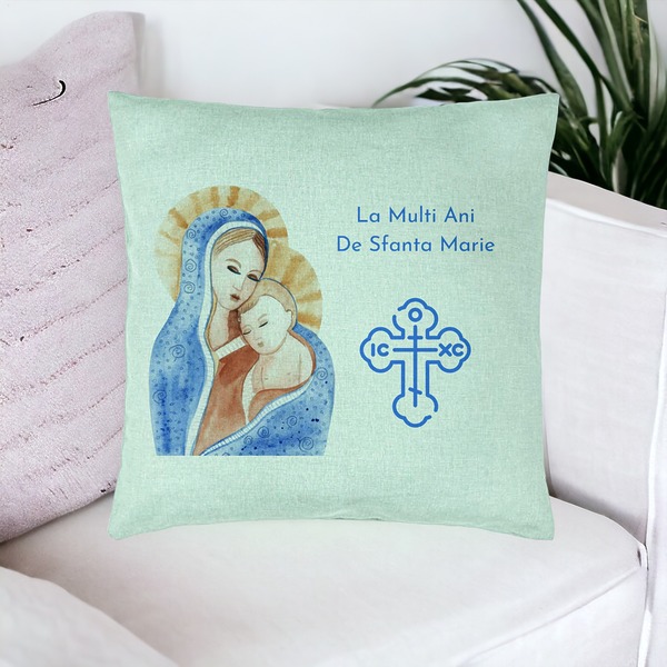 Perna Decorativa, Model La multi ani de Sfanta Maria, 40x40 cm, Verde Menta, Husa Detasabila, Burduf 16 bsc0306 PhotoRoom