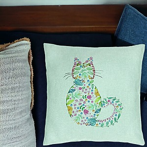 Alternative view of Perna Decorativa, Model Pisica cu Flori, Multicolor, 40x40 cm, Verde Menta, Husa Detasabila, Burduf