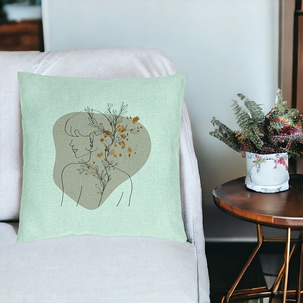 Perna Decorativa, Model Corp Femeie si Flori, 40x40 cm, Verde Menta, Husa Detasabila, Burduf 17 bsc0316 PhotoRoom 3
