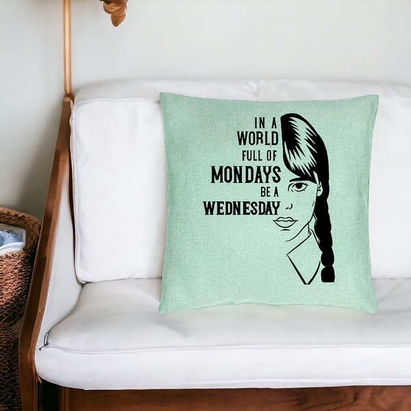 Perna Decorativa, Model Wednesday Addams si Text, 40x40 cm, Verde Menta, Husa Detasabila, Burduf 18 bsc0354 PhotoRoom 2