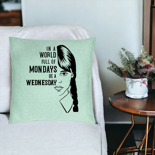 Perna Decorativa, Model Wednesday Addams si Text, 40x40 cm, Verde Menta, Husa Detasabila, Burduf 19 bsc0354 PhotoRoom 3