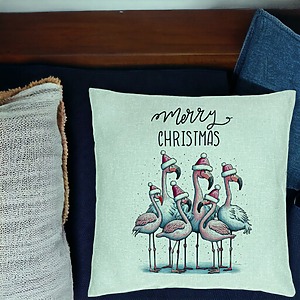 Alternative view of Perna Decorativa cu tematica de Craciun, Flamingo si Text, 40x40 cm, Verde Menta, Husa Detasabila, Burduf