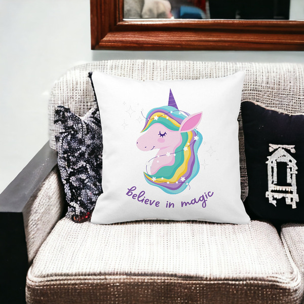Perna Decorativa Patrata Unicorns Believe in Magic, 40x40 cm, Alba, Mata, Husa Detasabila, Burduf 19 bss0056 PhotoRoom 2