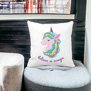 Alternative view of Perna Decorativa Patrata Unicorns Believe in Magic, 40x40 cm, Alba, Mata, Husa Detasabila, Burduf