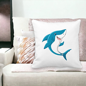 Alternative view of Perna Decorativa Patrata copii Rechin Albastru, 40x40 cm, Alba, Mata, Husa Detasabila, Burduf