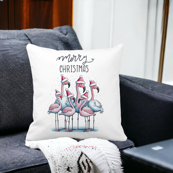 Perna Decorativa cu tematica de Craciun, Flamingo si Text, 40x40 cm, Alba, Mata, Husa Detasabila, Burduf 15 bss0442 PhotoRoom 1