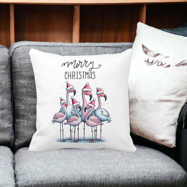 Perna Decorativa cu tematica de Craciun, Flamingo si Text, 40x40 cm, Alba, Mata, Husa Detasabila, Burduf 14 bss0442 PhotoRoom