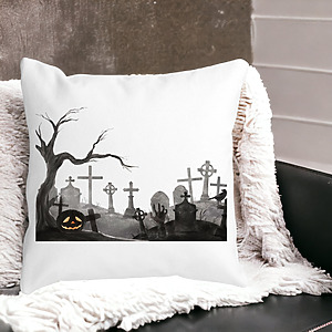 Alternative view of Perna Decorativa cu motiv Cimitir de Halloween, 40x40 cm, Alba, Mata, Husa Detasabila, Burduf