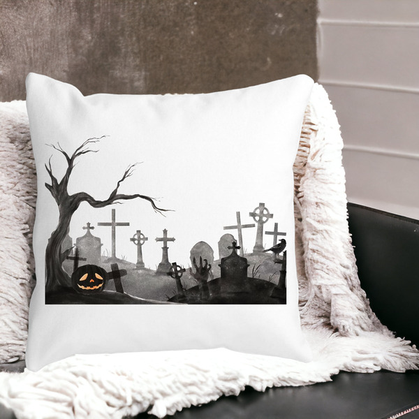 Perna Decorativa cu motiv Cimitir de Halloween, 40x40 cm, Alba, Mata, Husa Detasabila, Burduf 14 bss0529 PhotoRoom 1