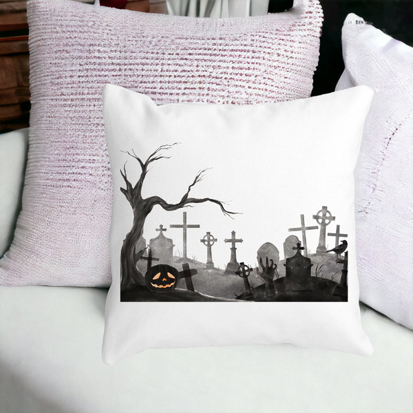 Perna Decorativa cu motiv Cimitir de Halloween, 40x40 cm, Alba, Mata, Husa Detasabila, Burduf 15 bss0529 PhotoRoom 2