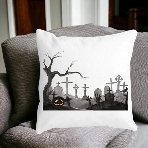 Perna Decorativa cu motiv Cimitir de Halloween, 40x40 cm, Alba, Mata, Husa Detasabila, Burduf 16 bss0529 PhotoRoom 3