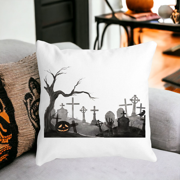 Perna Decorativa cu motiv Cimitir de Halloween, 40x40 cm, Alba, Mata, Husa Detasabila, Burduf 17 bss0529 PhotoRoom 4