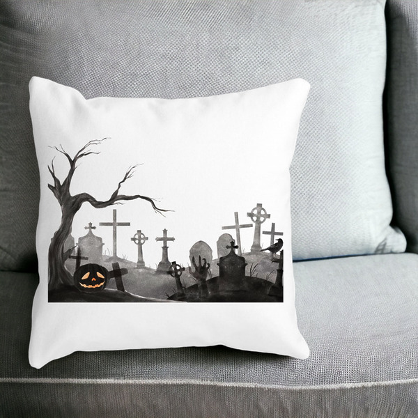 Perna Decorativa cu motiv Cimitir de Halloween, 40x40 cm, Alba, Mata, Husa Detasabila, Burduf 18 bss0529 PhotoRoom