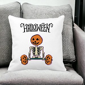 Alternative view of Perna Decorativa cu motiv Sechelet de Halloween 2, 40x40 cm, Alba, Mata, Husa Detasabila, Burduf