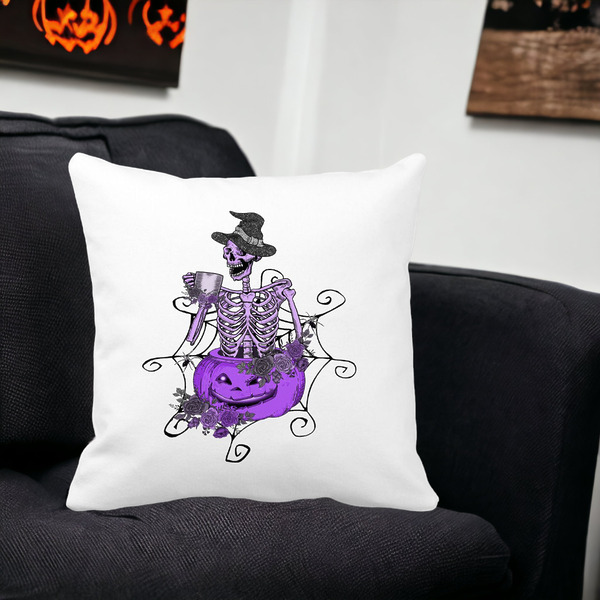 Perna Decorativa cu motiv Sechelet de Halloween 4, 40x40 cm, Alba, Mata, Husa Detasabila, Burduf 14 bss0552 PhotoRoom 1