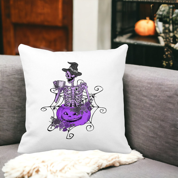 Perna Decorativa cu motiv Sechelet de Halloween 4, 40x40 cm, Alba, Mata, Husa Detasabila, Burduf 15 bss0552 PhotoRoom 2