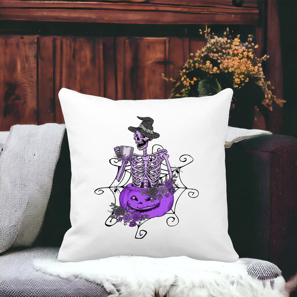 Perna Decorativa cu motiv Sechelet de Halloween 4, 40x40 cm, Alba, Mata, Husa Detasabila, Burduf 16 bss0552 PhotoRoom 3