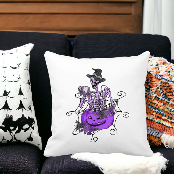 Perna Decorativa cu motiv Sechelet de Halloween 4, 40x40 cm, Alba, Mata, Husa Detasabila, Burduf 17 bss0552 PhotoRoom 4