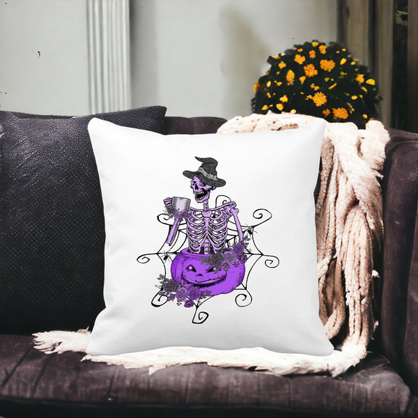 Perna Decorativa cu motiv Sechelet de Halloween 4, 40x40 cm, Alba, Mata, Husa Detasabila, Burduf 18 bss0552 PhotoRoom