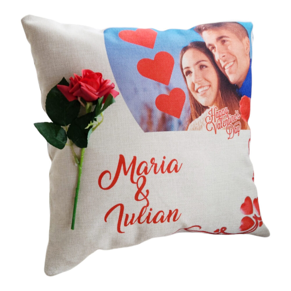 Perna Pentru Ziua Indragostitilor, Personalizata cu Nume si Fotografie + Trandafir Decorativ - Cadou Valentine's Day Handmade, 40x40 cm 11 perna floare 11 PhotoRoom PhotoRoom