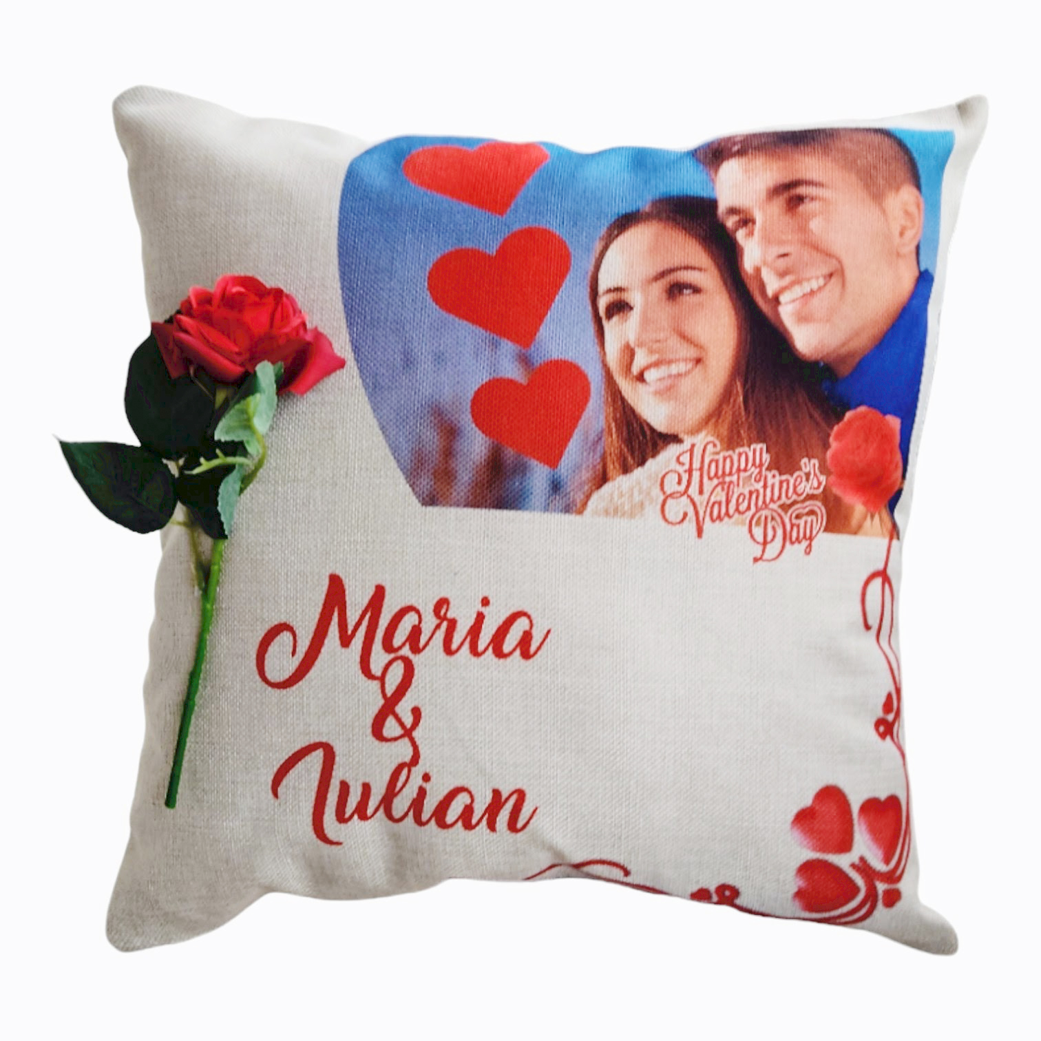Perna Pentru Ziua Indragostitilor, Personalizata cu Nume si Fotografie + Trandafir Decorativ - Cadou Valentine's Day Handmade, 40x40 cm 9 perna floare 9 PhotoRoom PhotoRoom