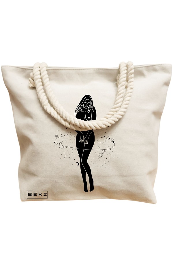 Geanta Canvas Tote pentru femei, model Silueta Feminina, 40x51 cm, Bej, BEKZ® 12 model Silueta Feminina
