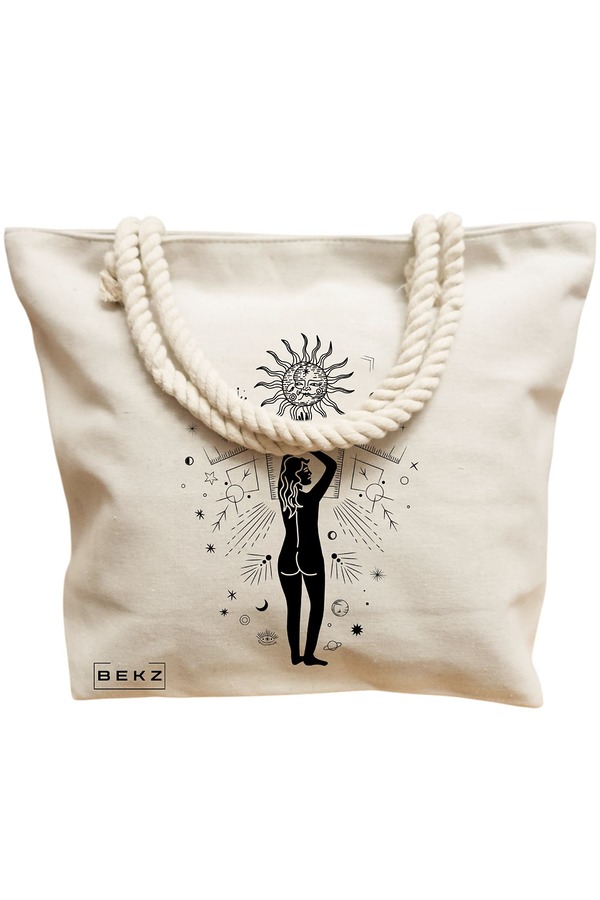 Geanta Canvas Tote pentru femei, model Conexiune Solara, 40x51 cm, Bej, BEKZ® 12 model Conexiune Solara