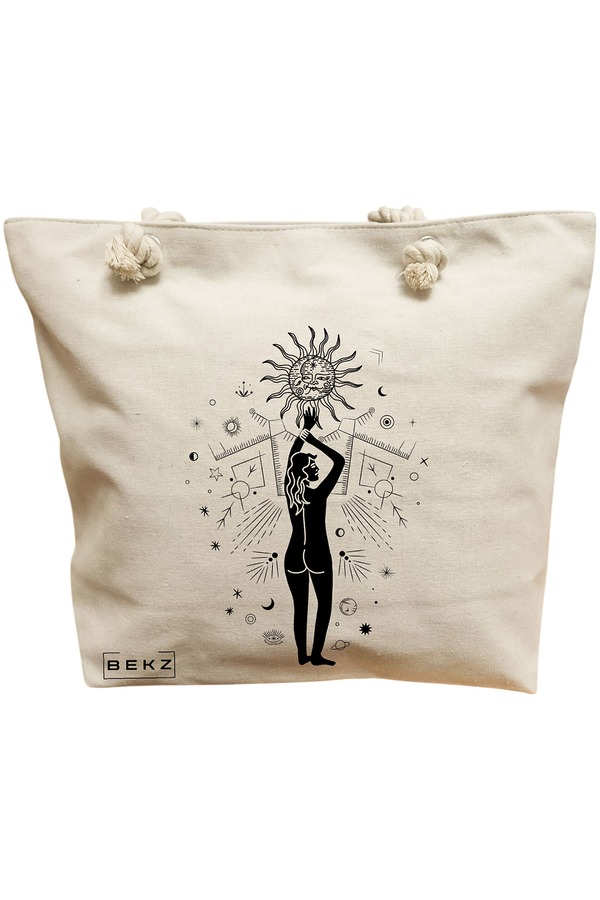 Geanta Canvas Tote pentru femei, model Conexiune Solara, 40x51 cm, Bej, BEKZ® 11 Geanta Canvas Tote pentru femei