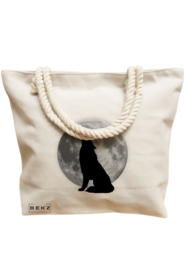 Geanta Canvas Tote pentru femei, model Lup si Luna, 40x51 cm, Bej, BEKZ® 12 model Lup si Luna