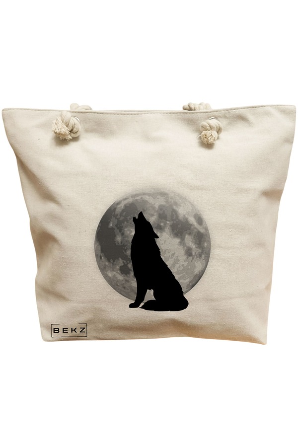 Geanta Canvas Tote pentru femei, model Lup si Luna, 40x51 cm, Bej, BEKZ® 11 Geanta Canvas Tote pentru femei