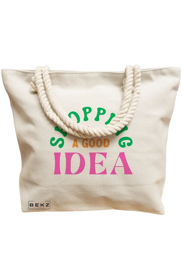 Geanta Canvas Tote pentru femei, model Shopping is always a good idea, 40x51 cm, Bej, BEKZ® 12 model Shopping is always a good idea