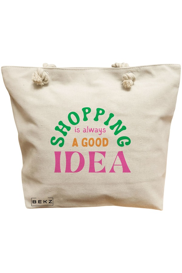 Geanta Canvas Tote pentru femei, model Shopping is always a good idea, 40x51 cm, Bej, BEKZ® 11 Geanta Canvas Tote pentru femei