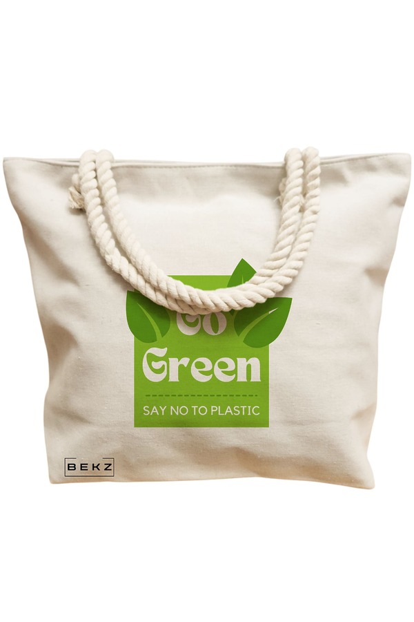 Geanta Canvas Tote pentru femei, model Go Green – Say no to plastic, 40x51 cm, Bej, BEKZ® 12 model Go Green – Say no to plastic