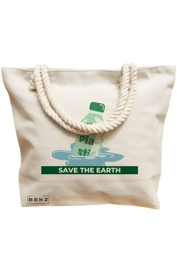 Geanta Canvas Tote pentru femei, model No plastic – Save the earth, 40x51 cm, Bej, BEKZ® 12 model No plastic – Save the earth