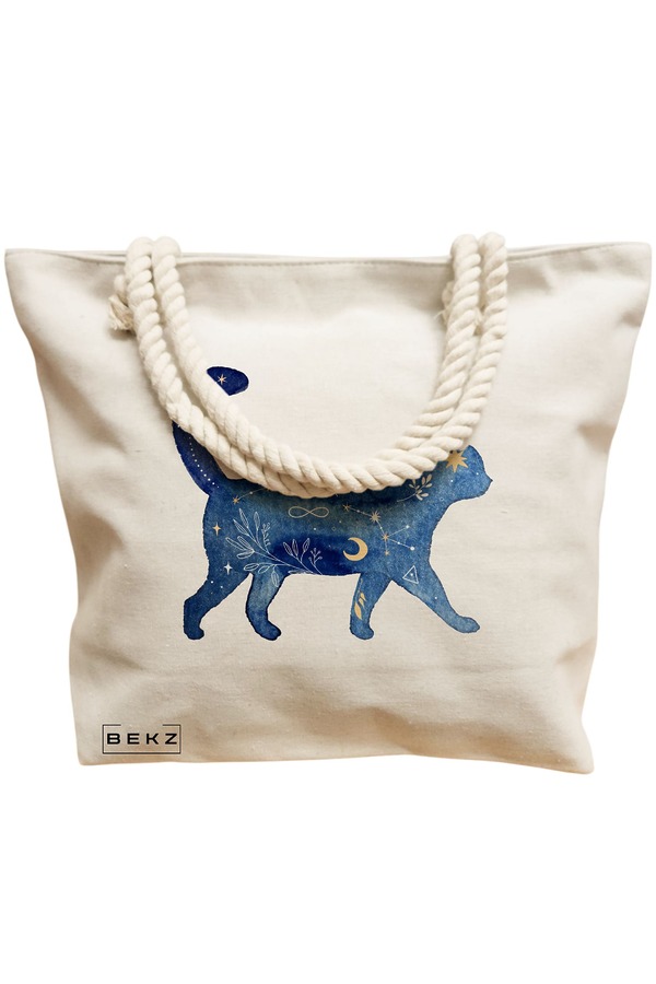 Geanta Canvas Tote pentru femei, model Pisica Astrala, 40x51 cm, Bej, BEKZ® 12 model Pisica Astrala