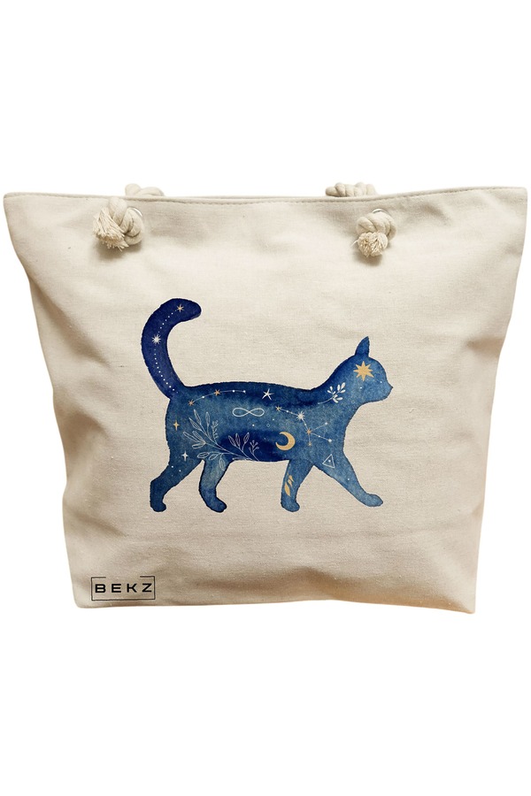 Geanta Canvas Tote pentru femei, model Pisica Astrala, 40x51 cm, Bej, BEKZ® 11 Geanta Canvas Tote pentru femei